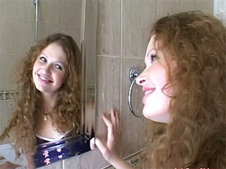 Female Self Pleasuring : Teen stroke her smooth bald oven lips!